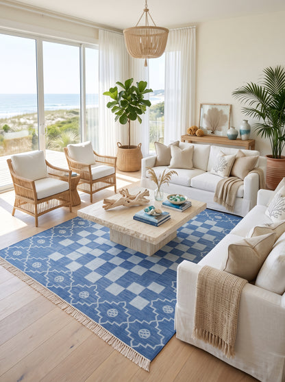 Cornflower Checkered Medallion Geometric Stepped Diamond Border Flatweave rug