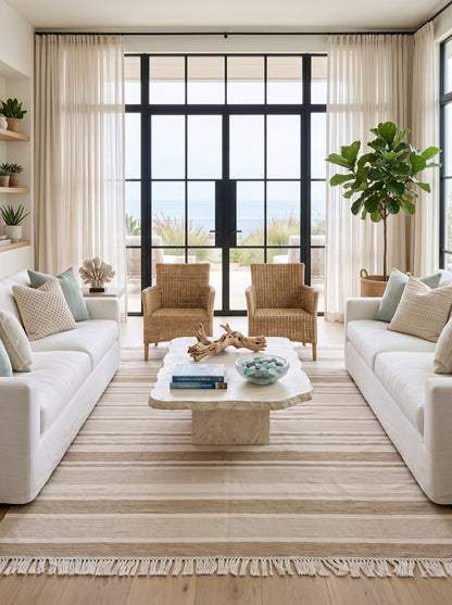 Camel Horizon Stripe Handwoven Japandi Scandinavian Kilim rug