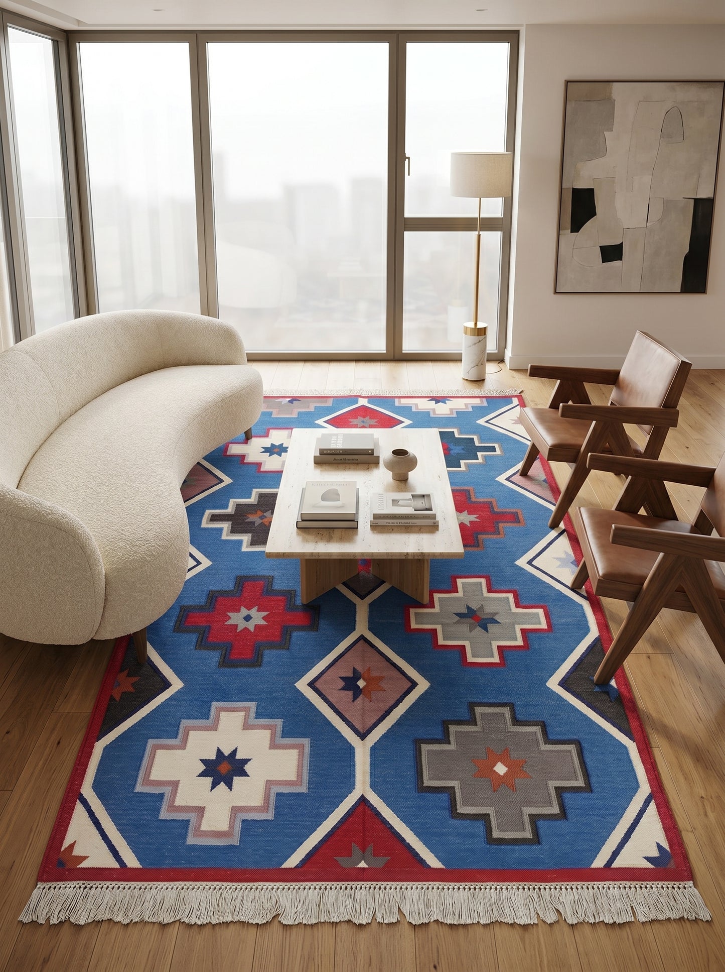 Taos Medallion Vibrant Blue Tribal Geometric Kilim Flatweave Rug