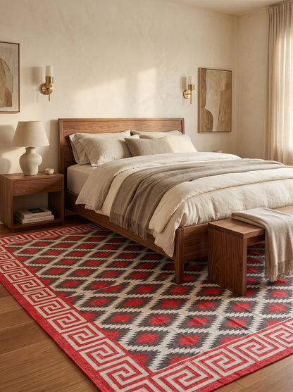 Modern Rustic Cabin Dhurrie with Meander Border rug