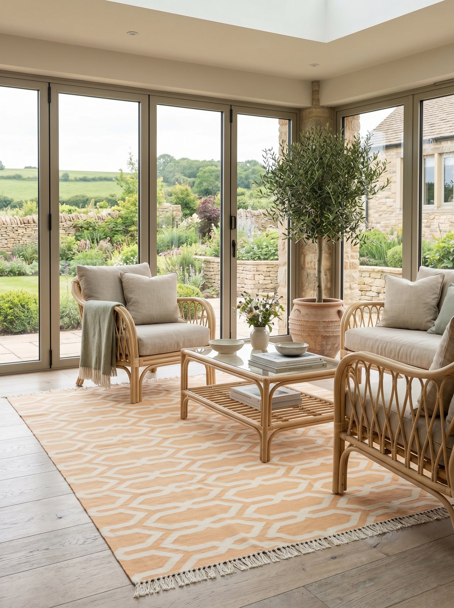 Camel Beige Geometric Area Rug, Modern Interlocking Trellis Dhurrie