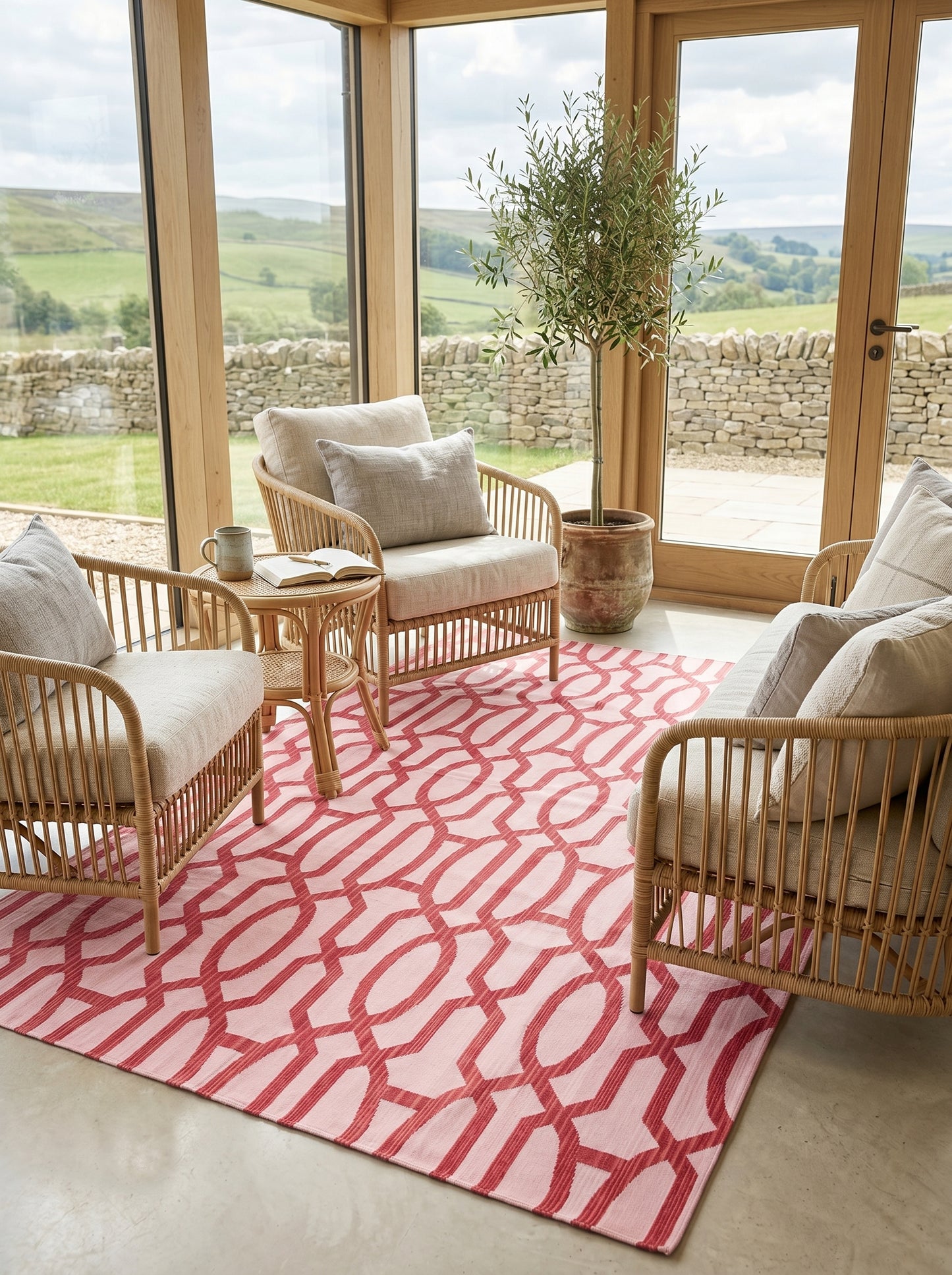 Blush Pink & Maroon Red Cotton Flatweave Rug