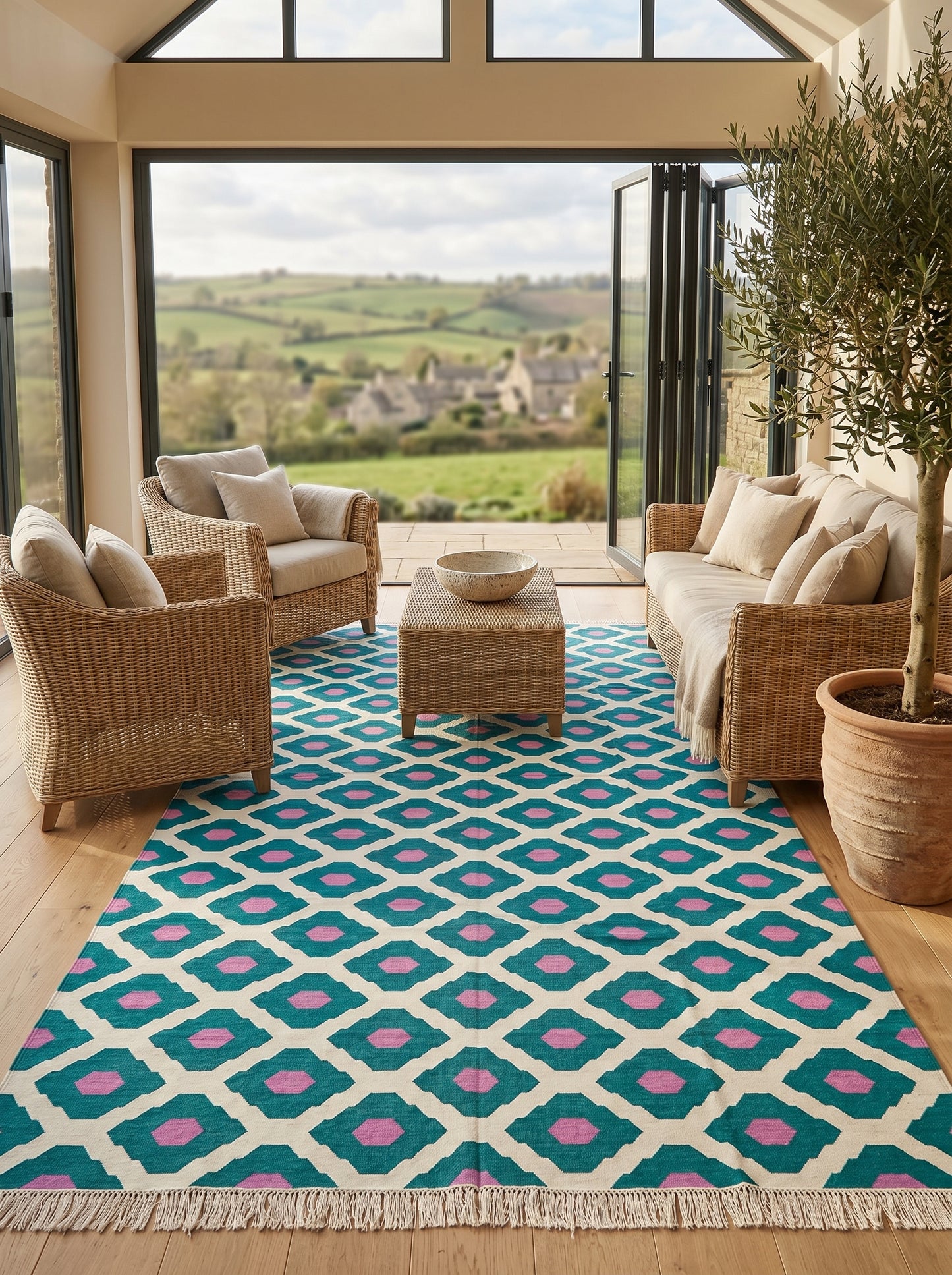 Teal Orchid Handwoven Cotton Flatweave Dhurrie Rug
