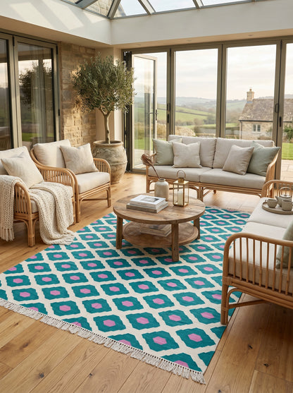 Teal Orchid Handwoven Cotton Flatweave Dhurrie Rug