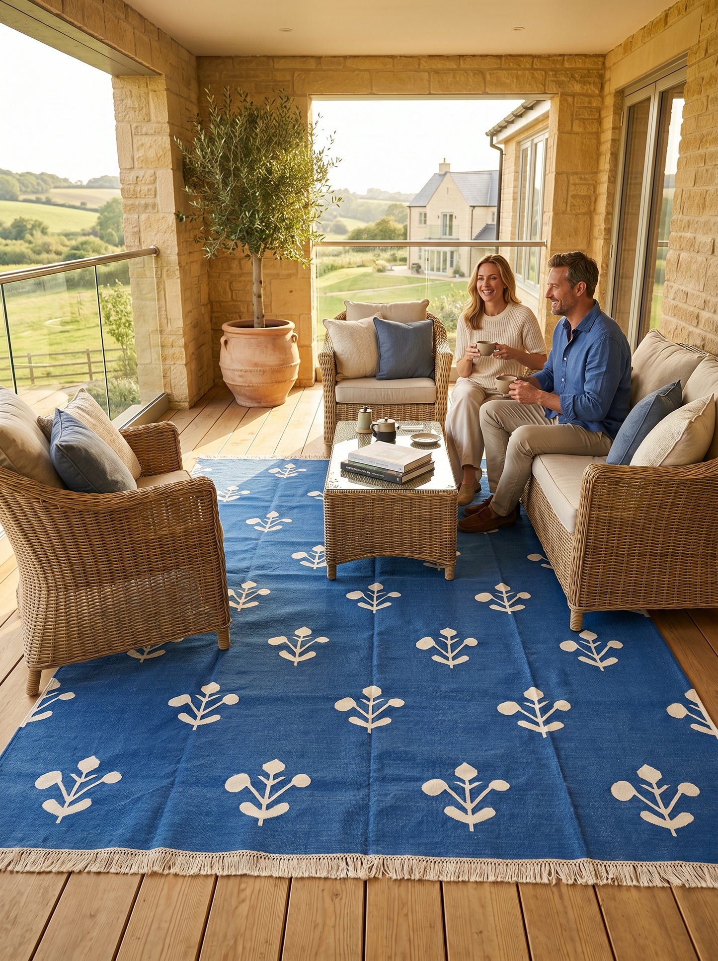 Azure Blossom Handmade Coastal Rug, Custom Size Dhurrie