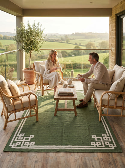 Moss Fretwork Handwoven Cotton Flatweave Dhurrie Rug