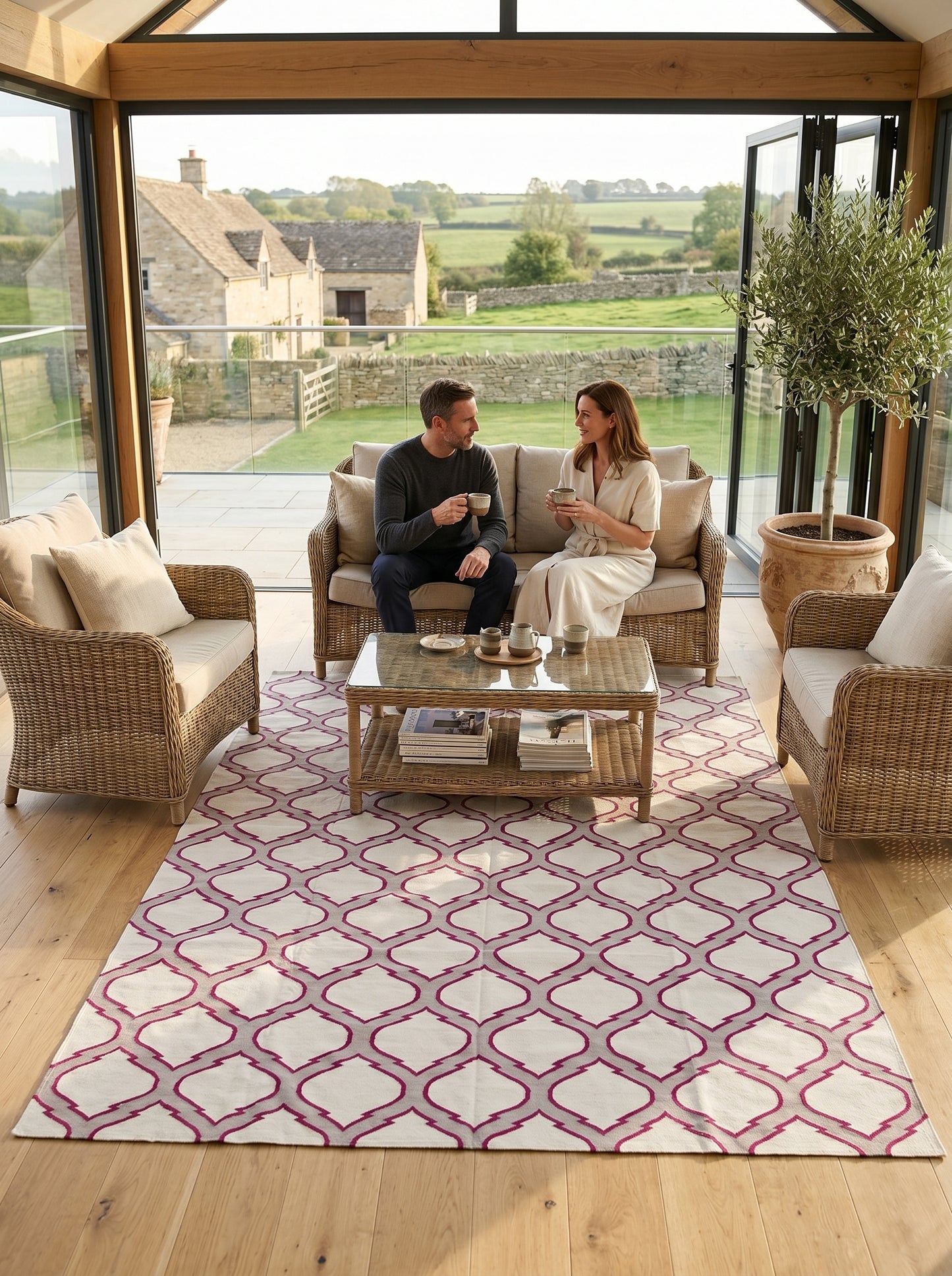 Magenta Quatrefoil Flatweave Rug, Handmade Cotton Area Rug