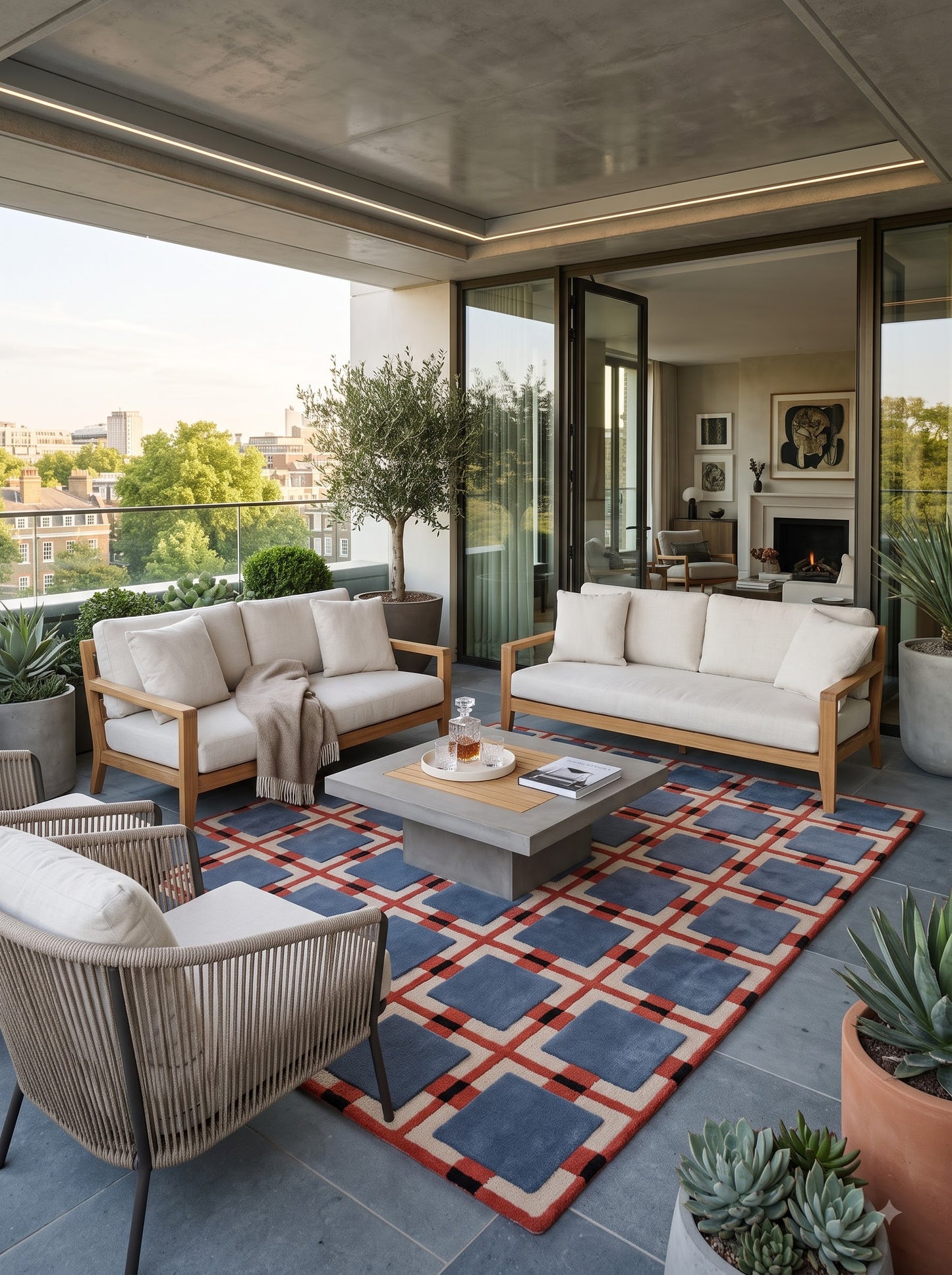 Blue Terracotta Geometric Wool Tufted Rug
