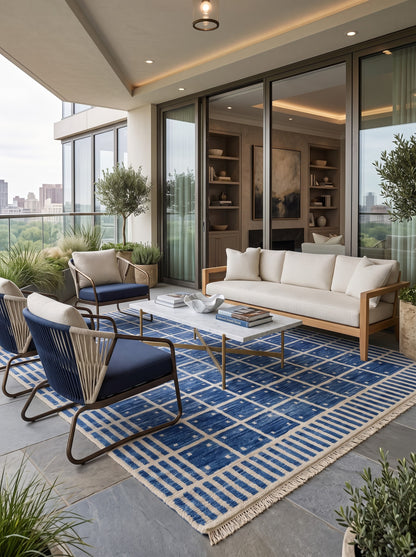 Luxury Indigo Oushak Floor Rug with Striped Border carpet