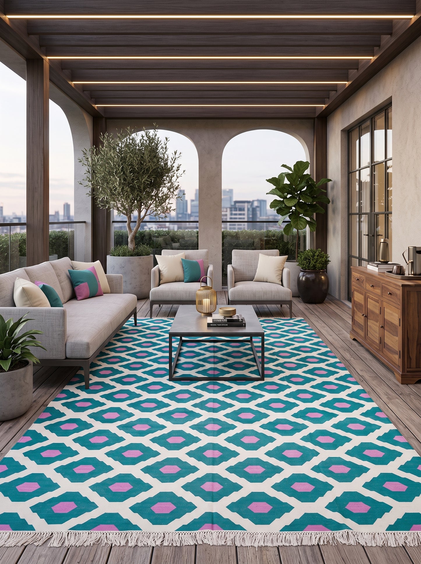 Teal Magenta Geometric Diamond Cotton Flatweave Rug