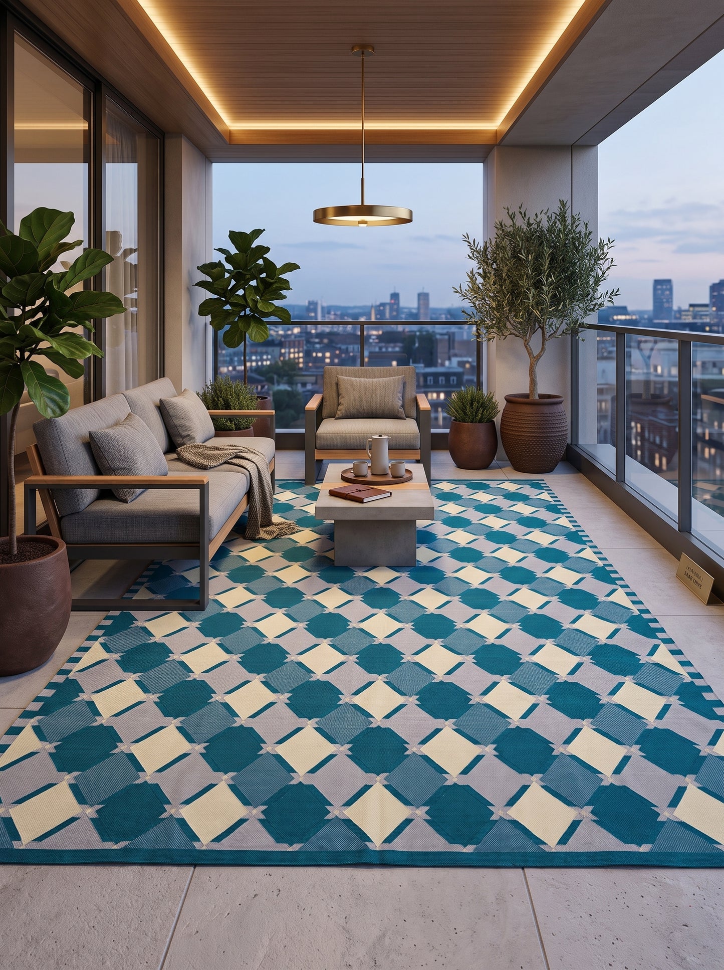 Geometric Diamond Lattice in Teal, Blue & Ivory Rug