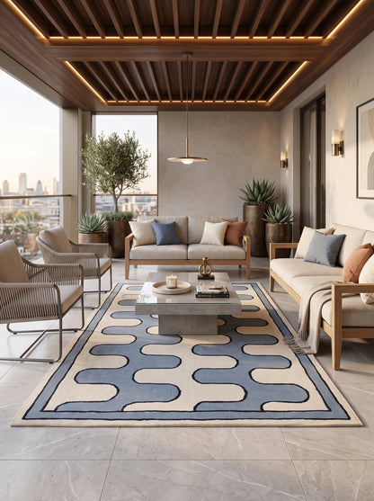 Blue Ivory Wave Wool Tufted Rug