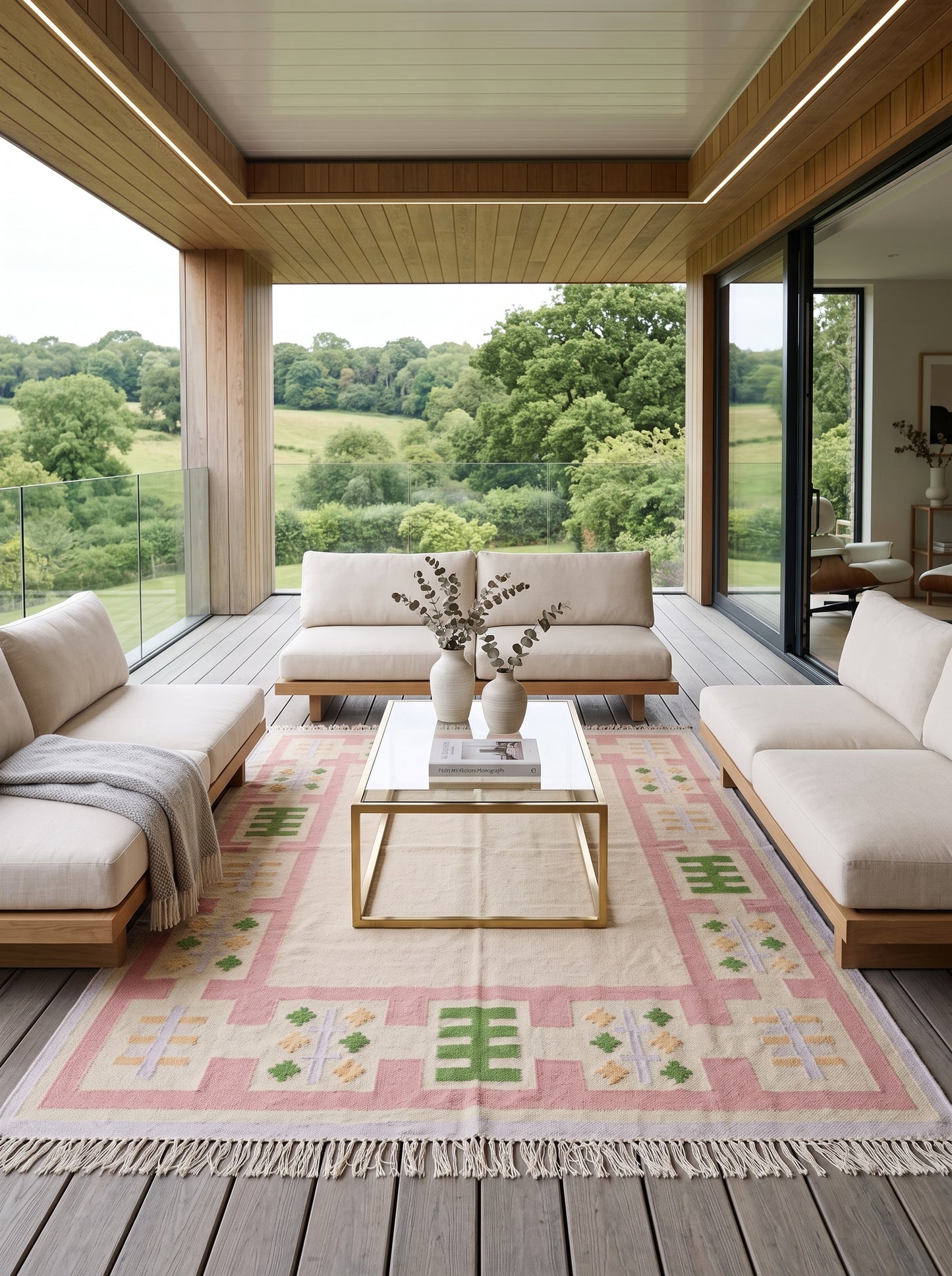Pastel Geometric Border Wool Rug