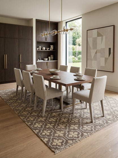 Charcoal Grey Hand Knotted Rug, Neutral Taupe & Cream Geometric Wool Area Rug