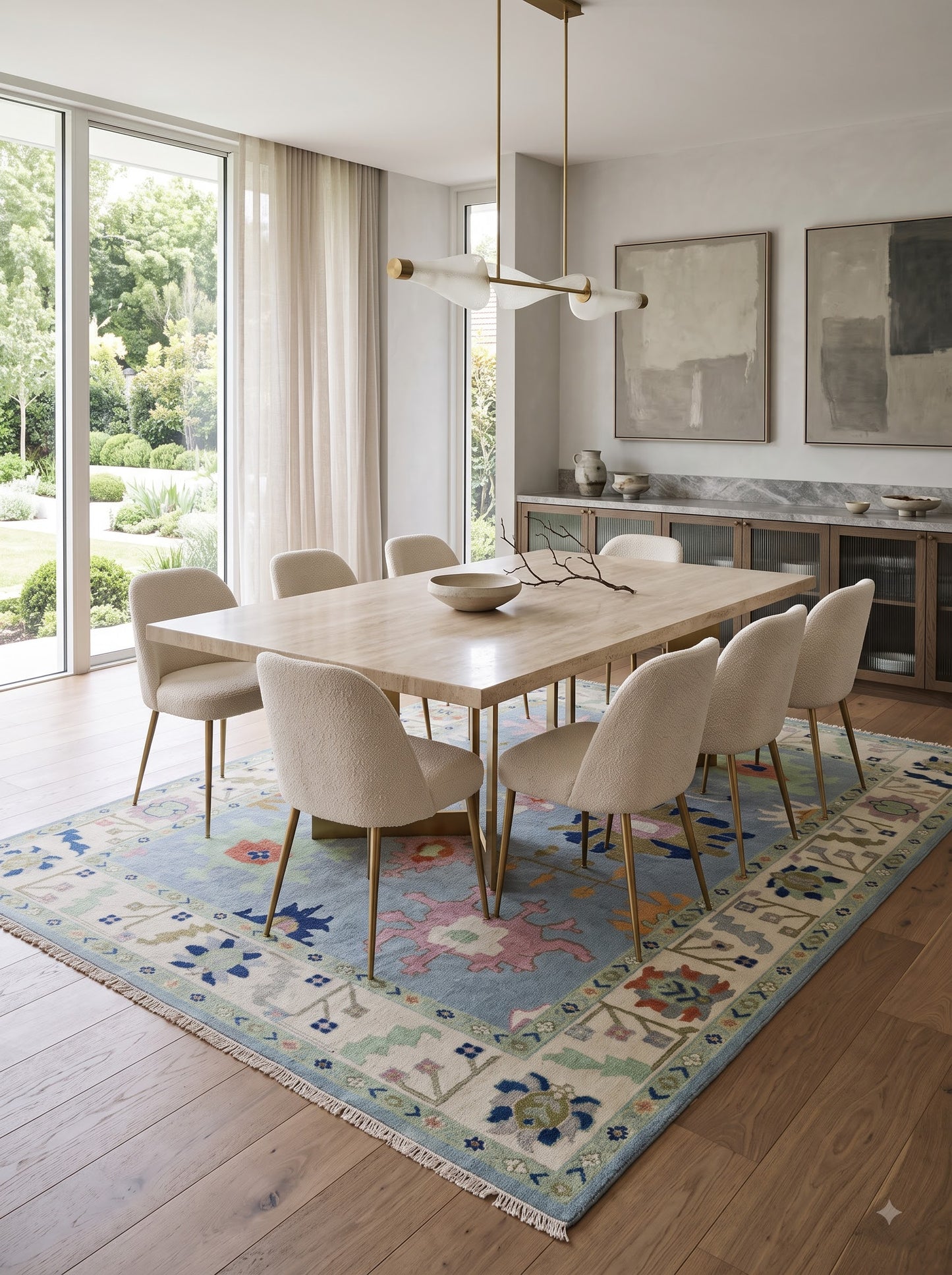 Handmade Turkish Oushak Rug Sky Blue Floral Wool Carpet