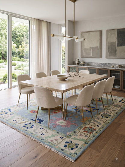 Handmade Turkish Oushak Rug Sky Blue Floral Wool Carpet