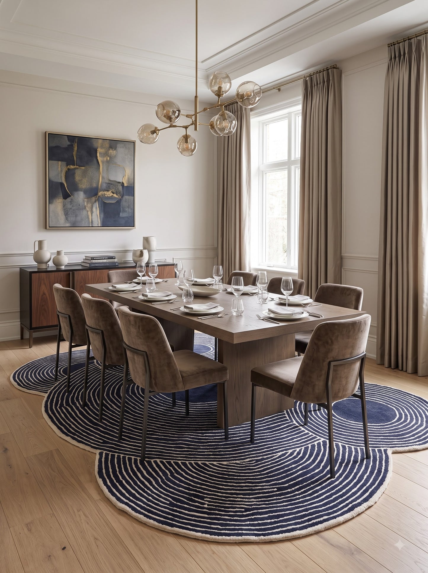 Navy Ripple Circles Abstract Design Wool Tufted Rug