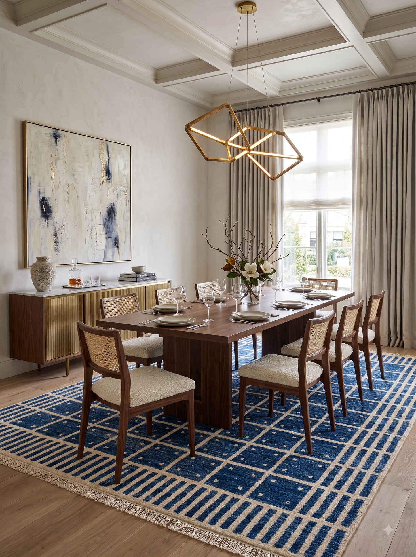 Luxury Indigo Oushak Floor Rug with Striped Border carpet