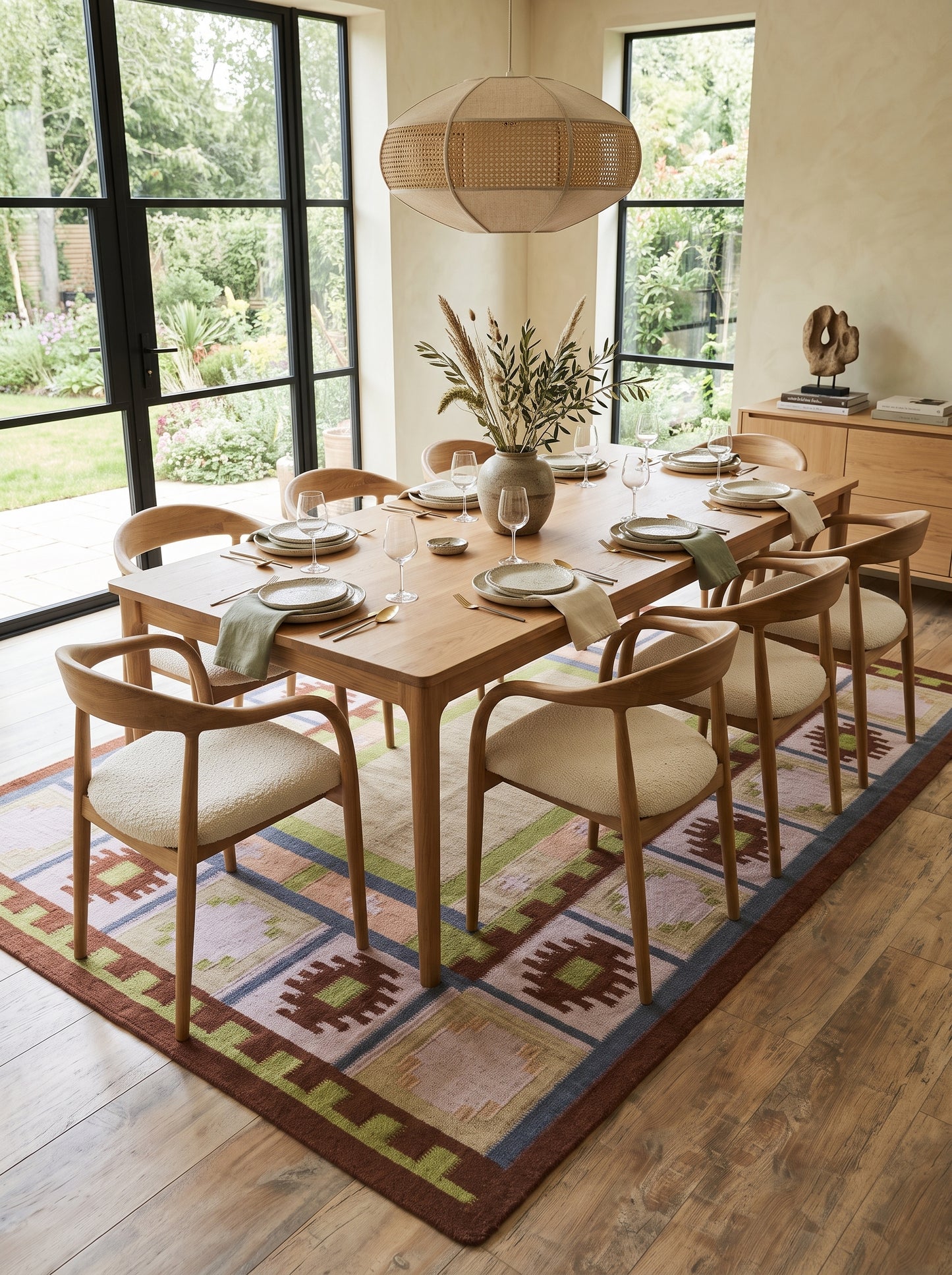 Nordic Pastel Border Wool Cotton Dhurrie Rug