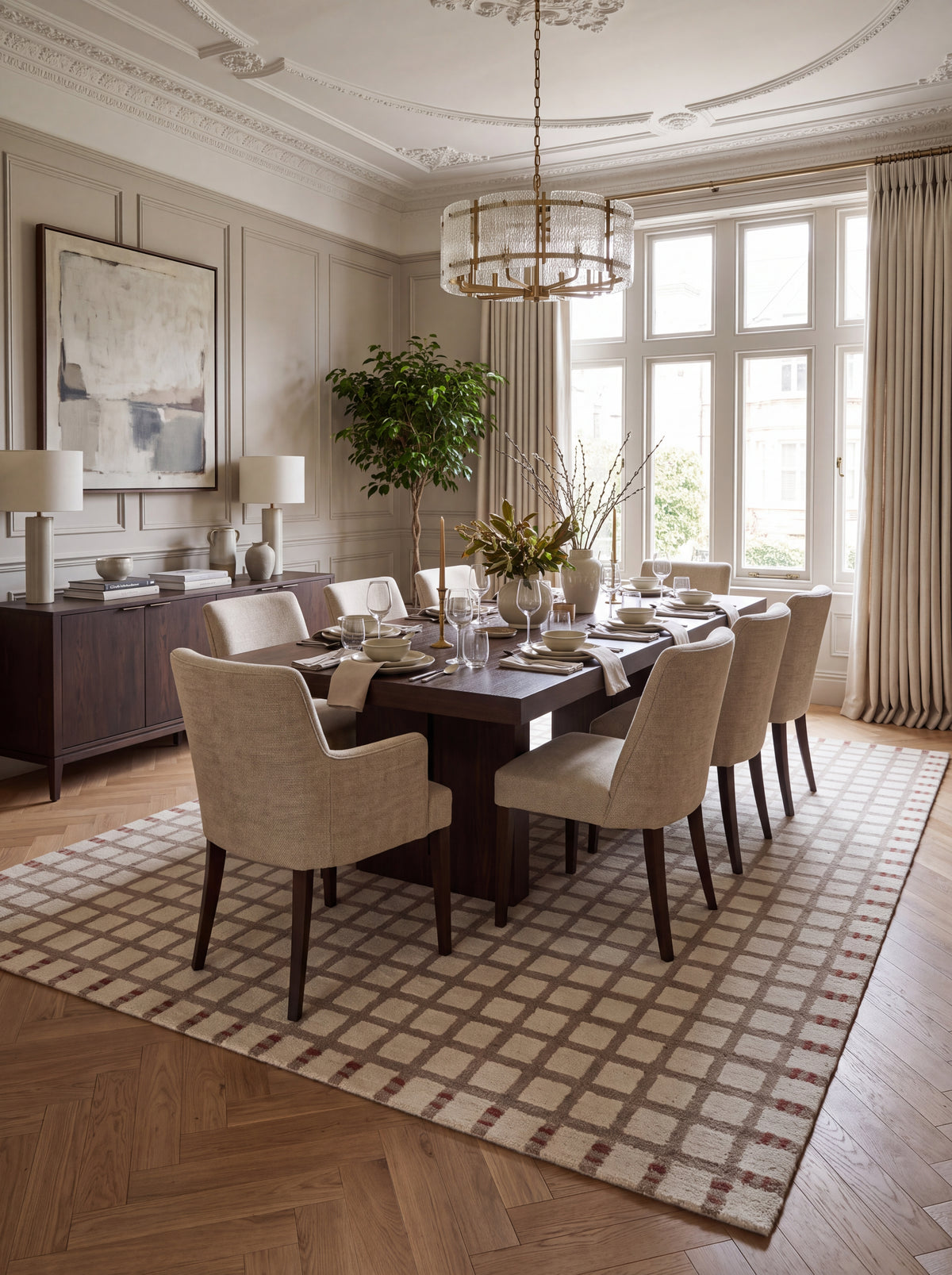 Hand Tufted Wool Rug, Beige Checkered Carpet, Rust Geometric Area Rug