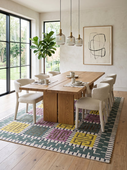 Greek Key Color-Block Matrix - Modern Yellow & Purple Wool Cotton Dhurrie Rug