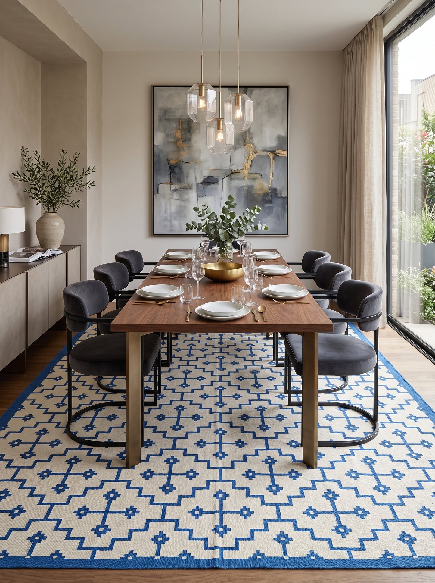 Blue Ivory Geometric Cross Cotton Flatweave Rug