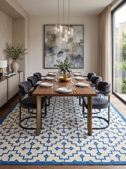 Blue Ivory Geometric Cross Cotton Flatweave Rug