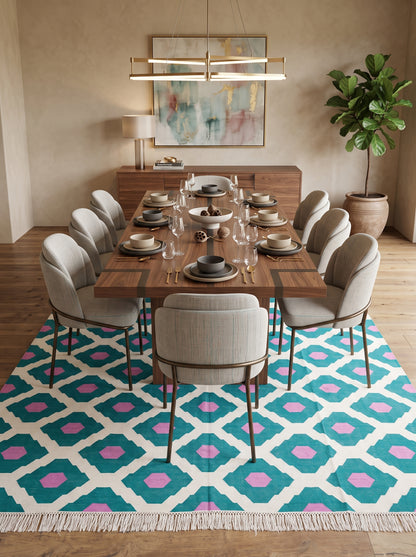 Teal Magenta Geometric Diamond Cotton Flatweave Rug