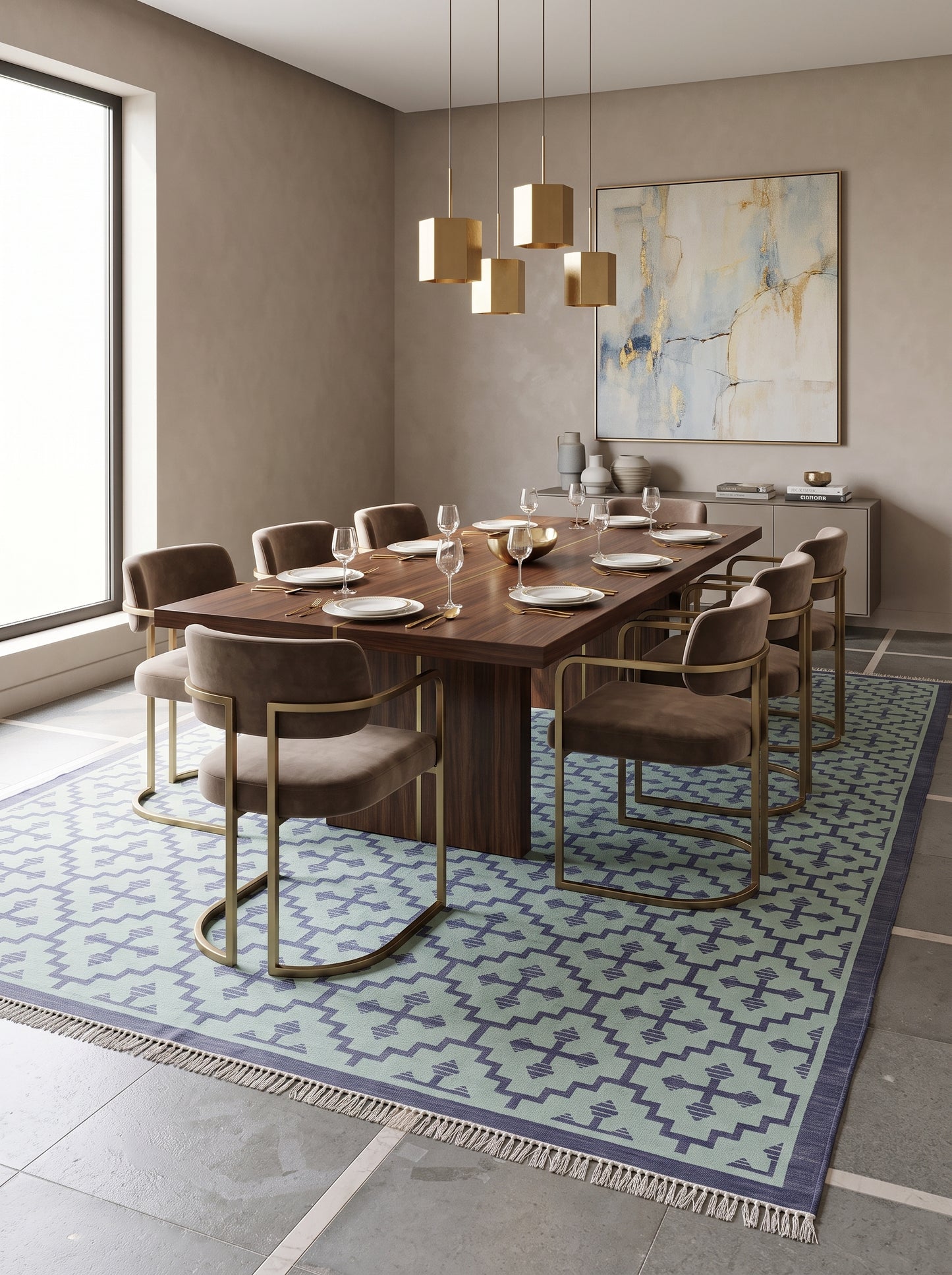 Blue Ivory Geometric Cross Diamond Cotton Flatweave Rug