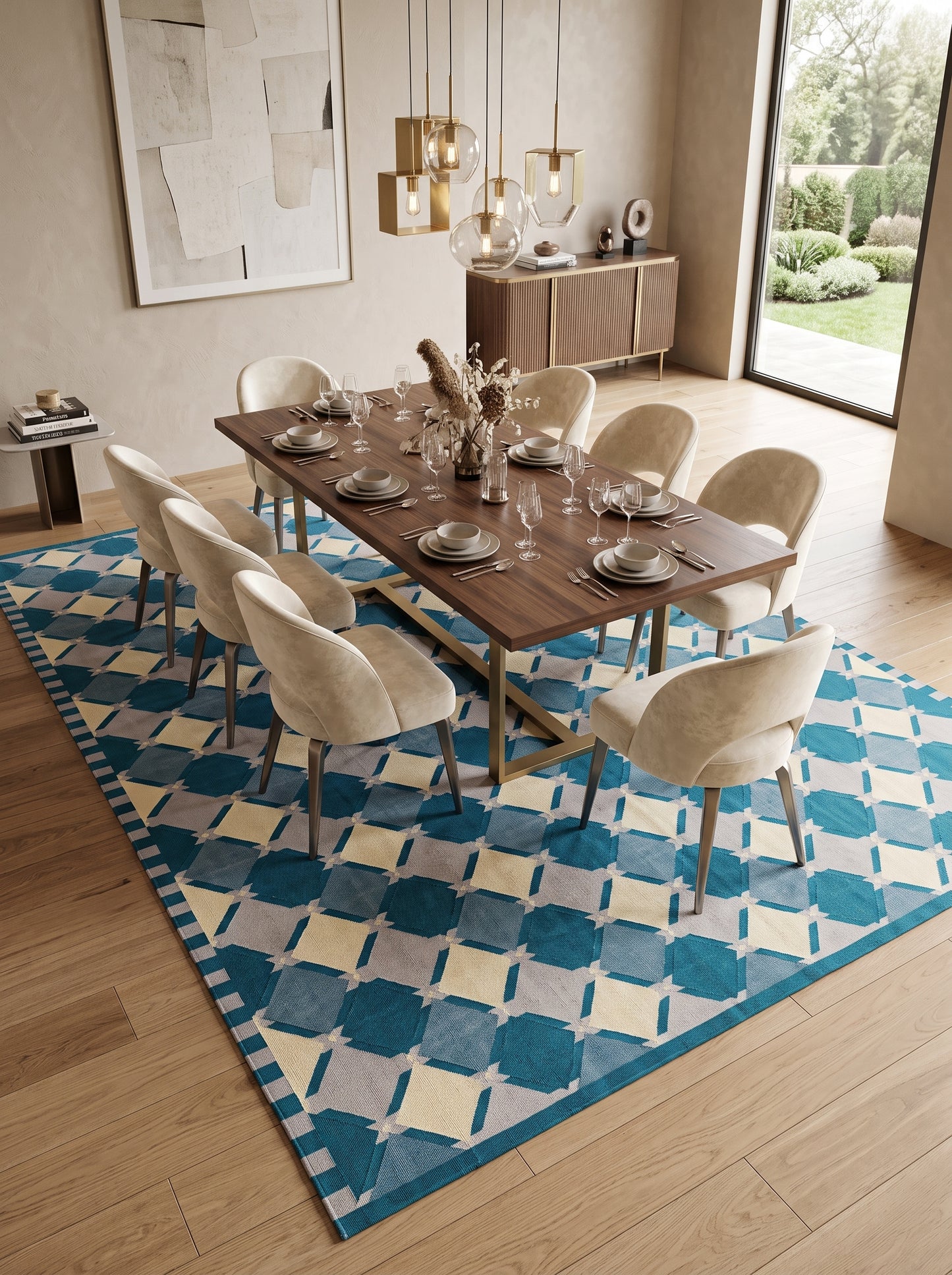 Geometric Diamond Lattice in Teal, Blue & Ivory Rug