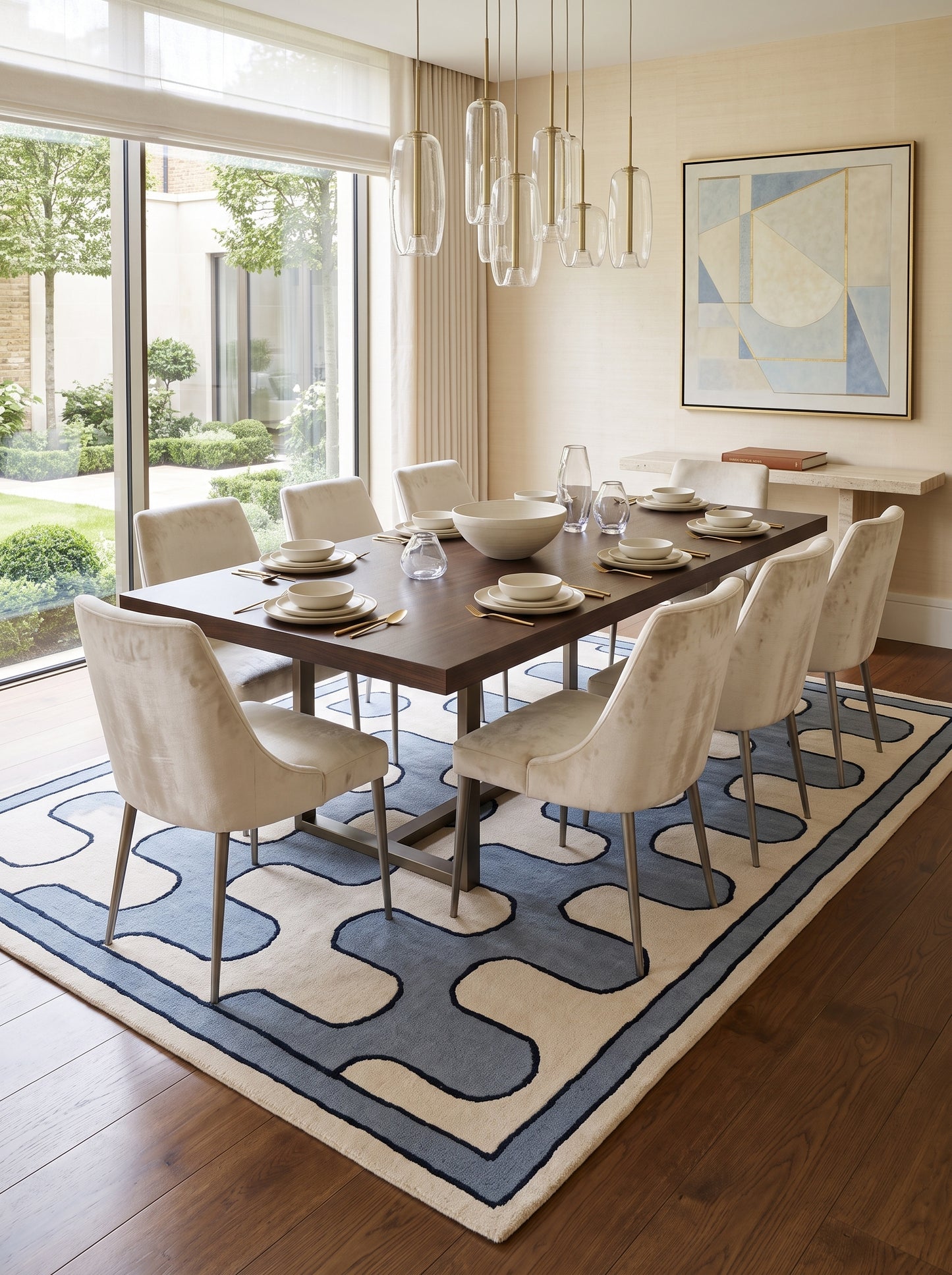 Blue Ivory Wave Wool Tufted Rug