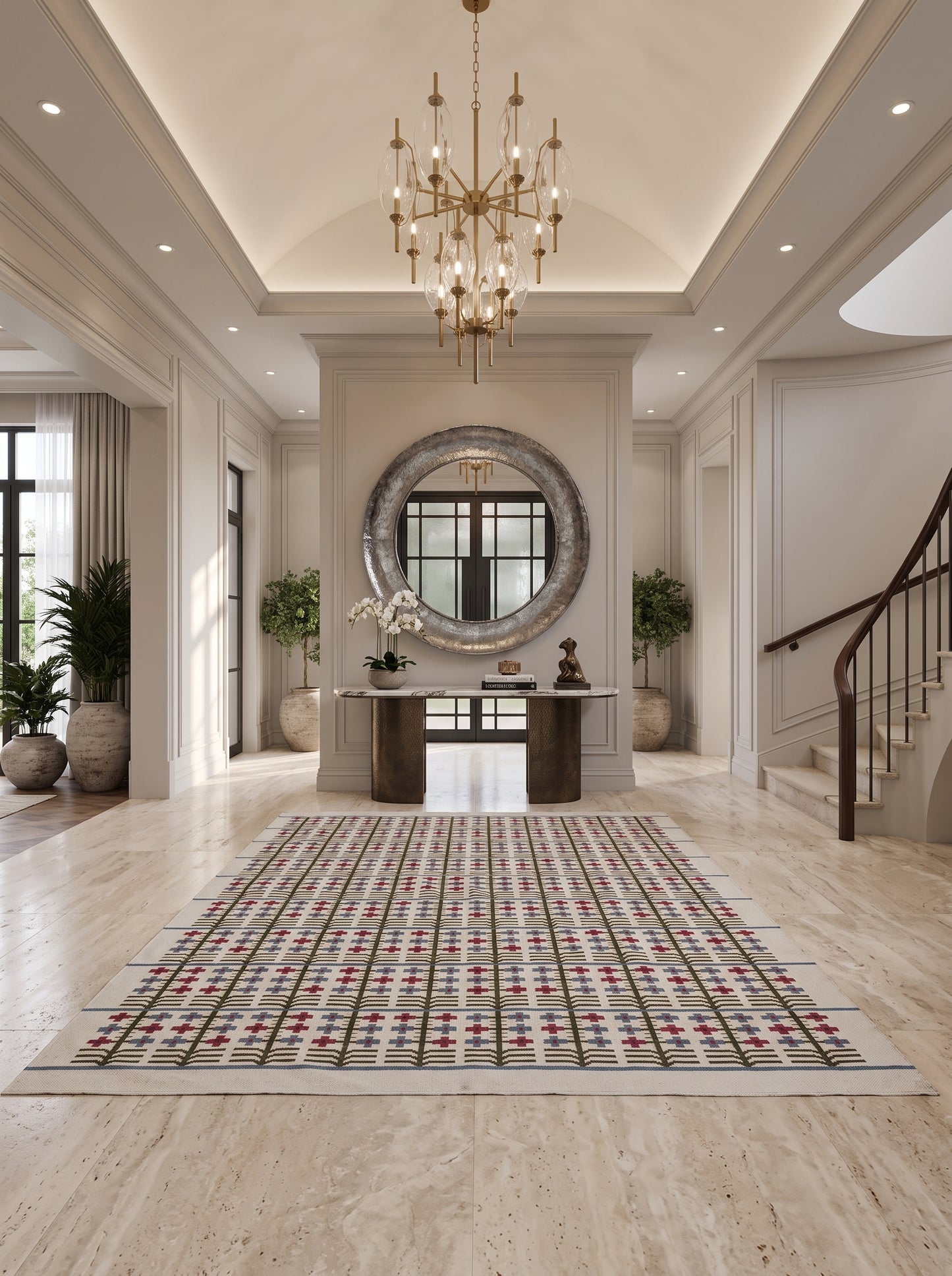 Traditional Block Motif Vintage Cross Motif Flatweave Area Rug