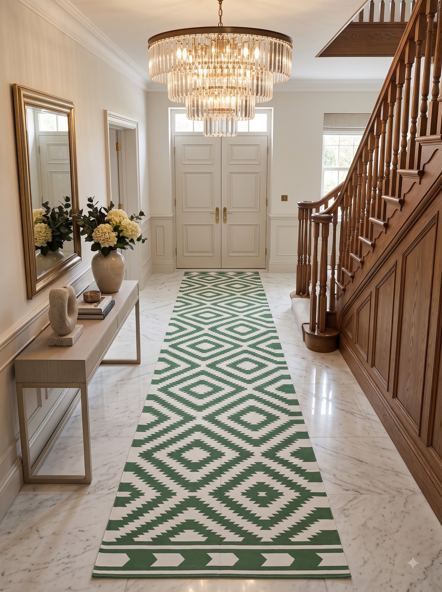 Green Diamond Cotton Runner Rug, Hallway Runner Rug