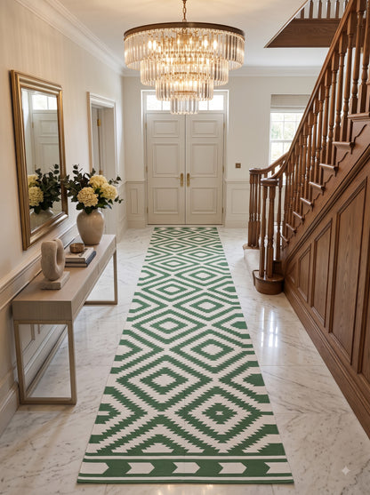 Green Diamond Cotton Runner Rug, Hallway Runner Rug