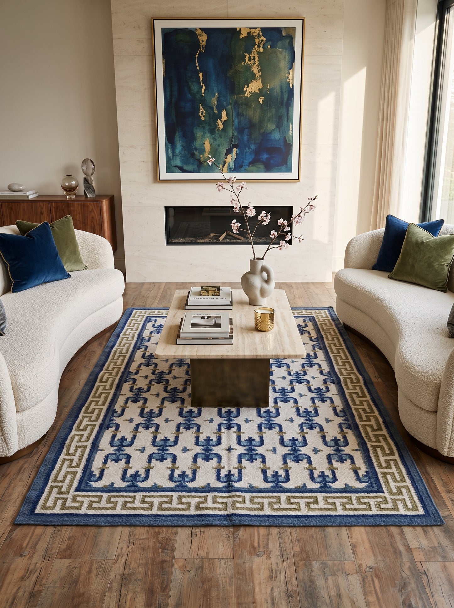 Oceanic Greek Maze Mediterranean Wave Pattern Wool Area Rug