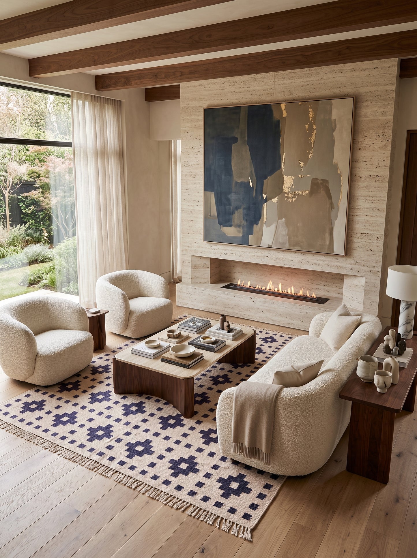 Ivory Mosaic Lattice Geometric Pattern Wool Area Rug