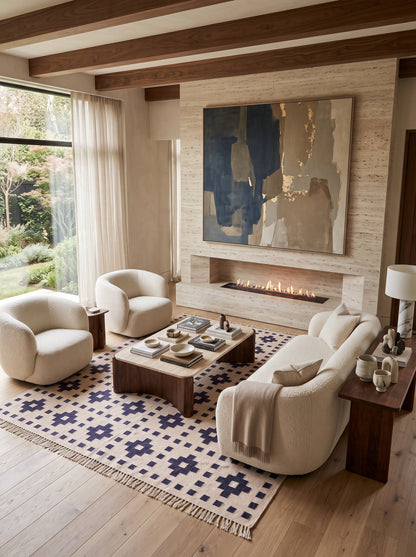 Ivory Mosaic Lattice Geometric Pattern Wool Area Rug