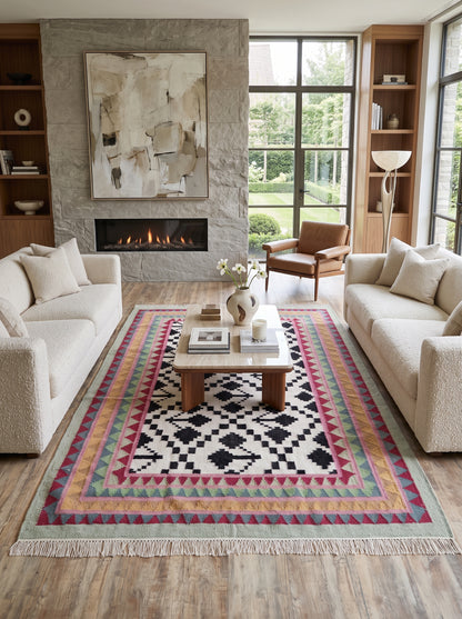 Monochrome Tree & Sawtooth Border Wool Area Rug
