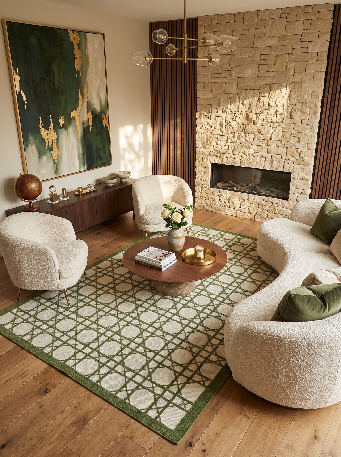 Handwoven Verdant Geometric Cane Wool Cotton Dhurrie Rug