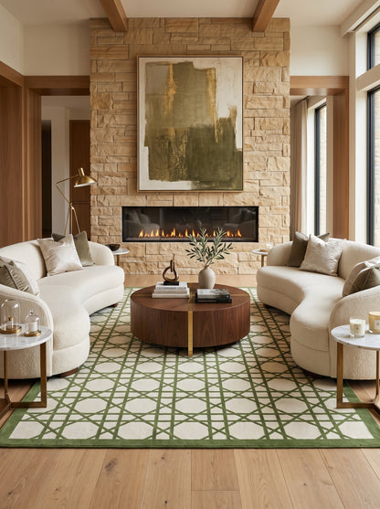 Handwoven Verdant Geometric Cane Wool Cotton Dhurrie Rug
