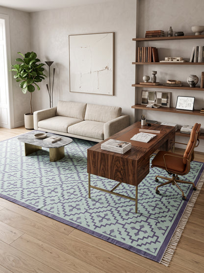 Blue Ivory Geometric Cross Diamond Cotton Flatweave Rug