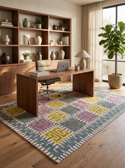 Greek Key Color-Block Matrix - Modern Yellow & Purple Wool Cotton Dhurrie Rug