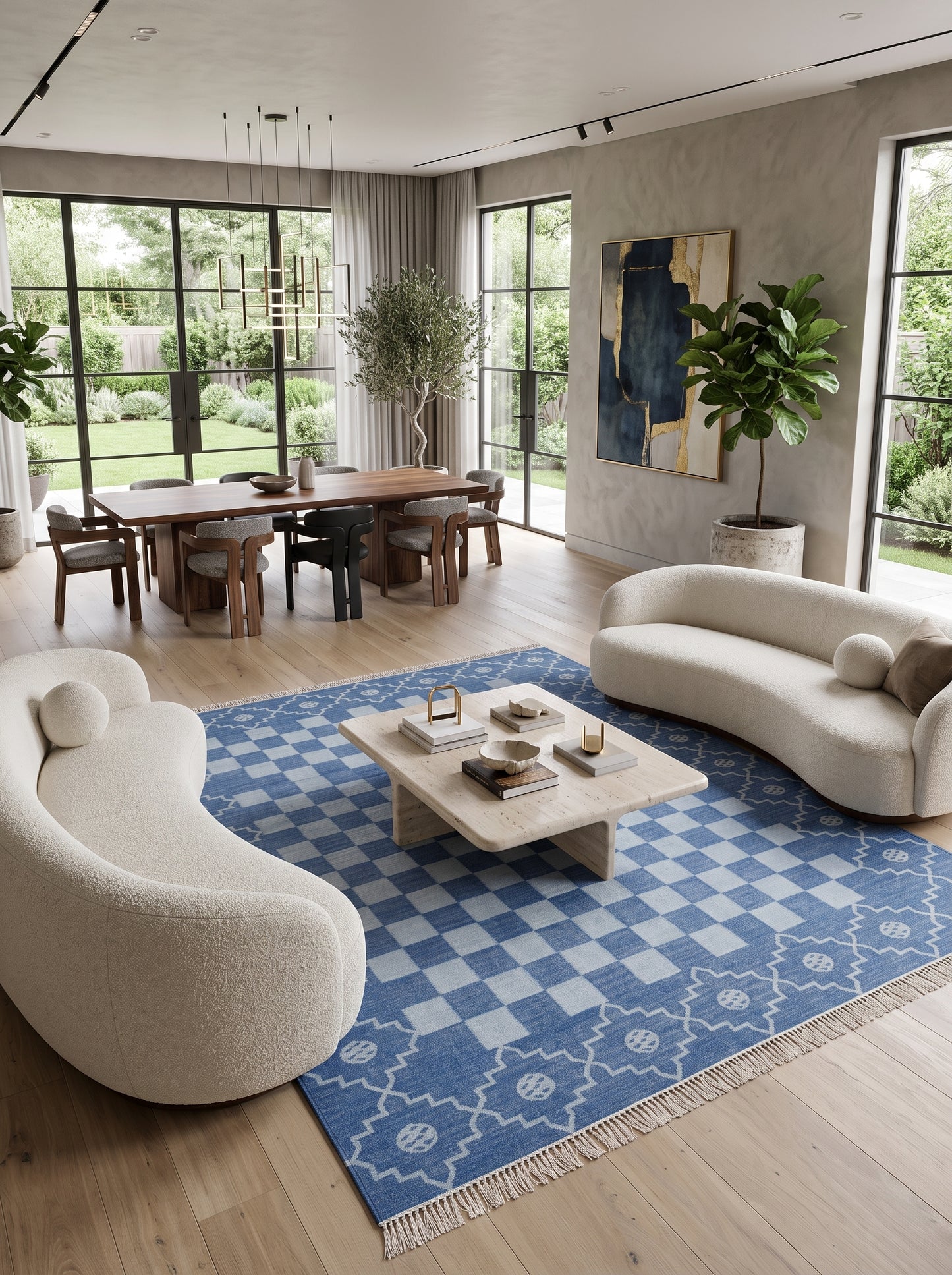 Cornflower Checkered Medallion Geometric Stepped Diamond Border Flatweave rug