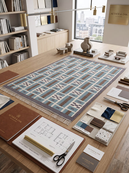 Teal Earth Block Grid Brown Wool Cotton Dhurrie Rug