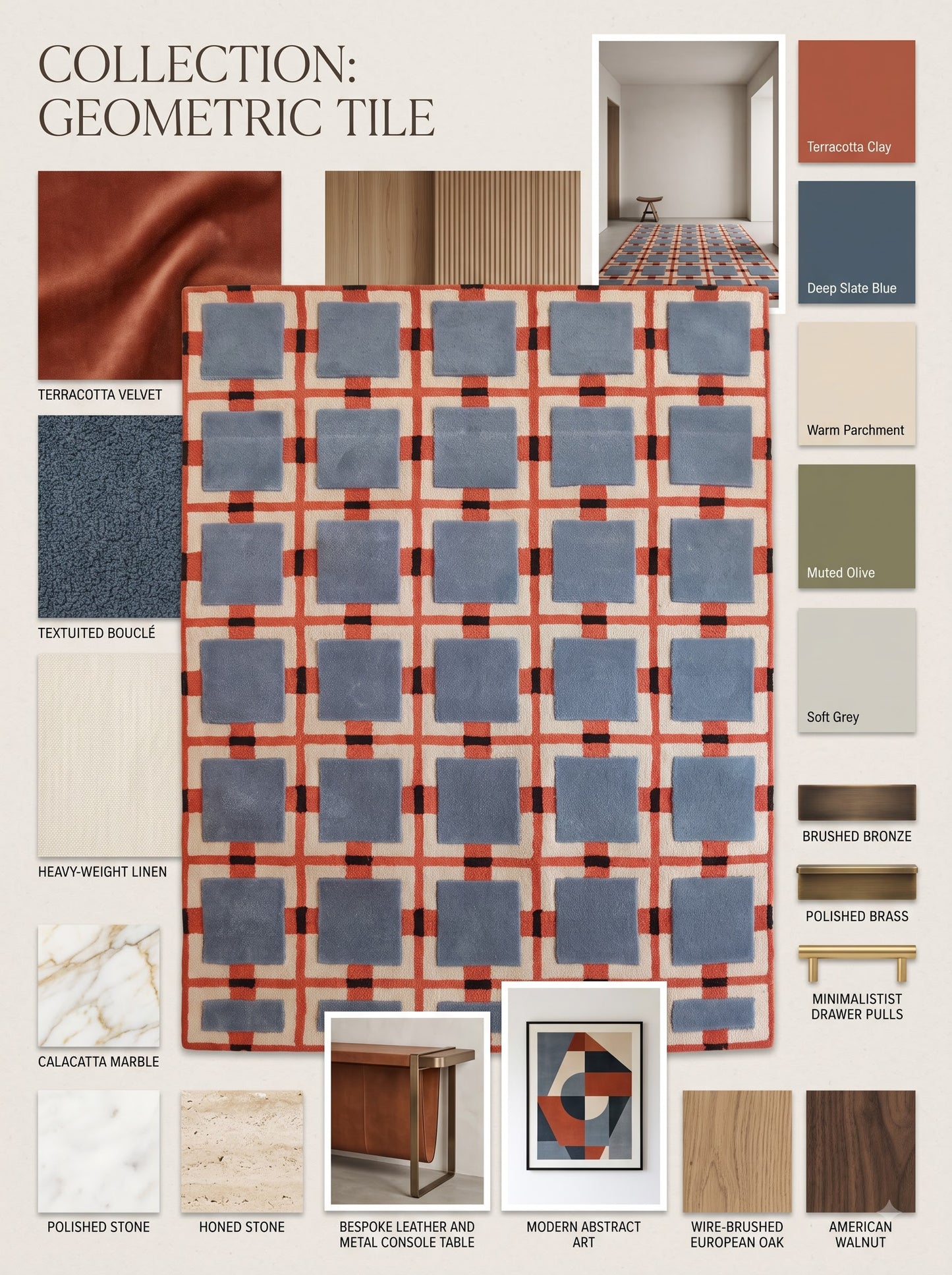 Blue Terracotta Geometric Wool Tufted Rug