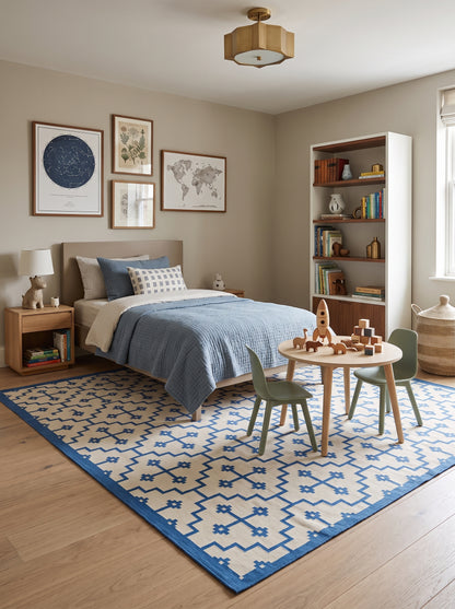 Blue Ivory Geometric Cross Cotton Flatweave Rug