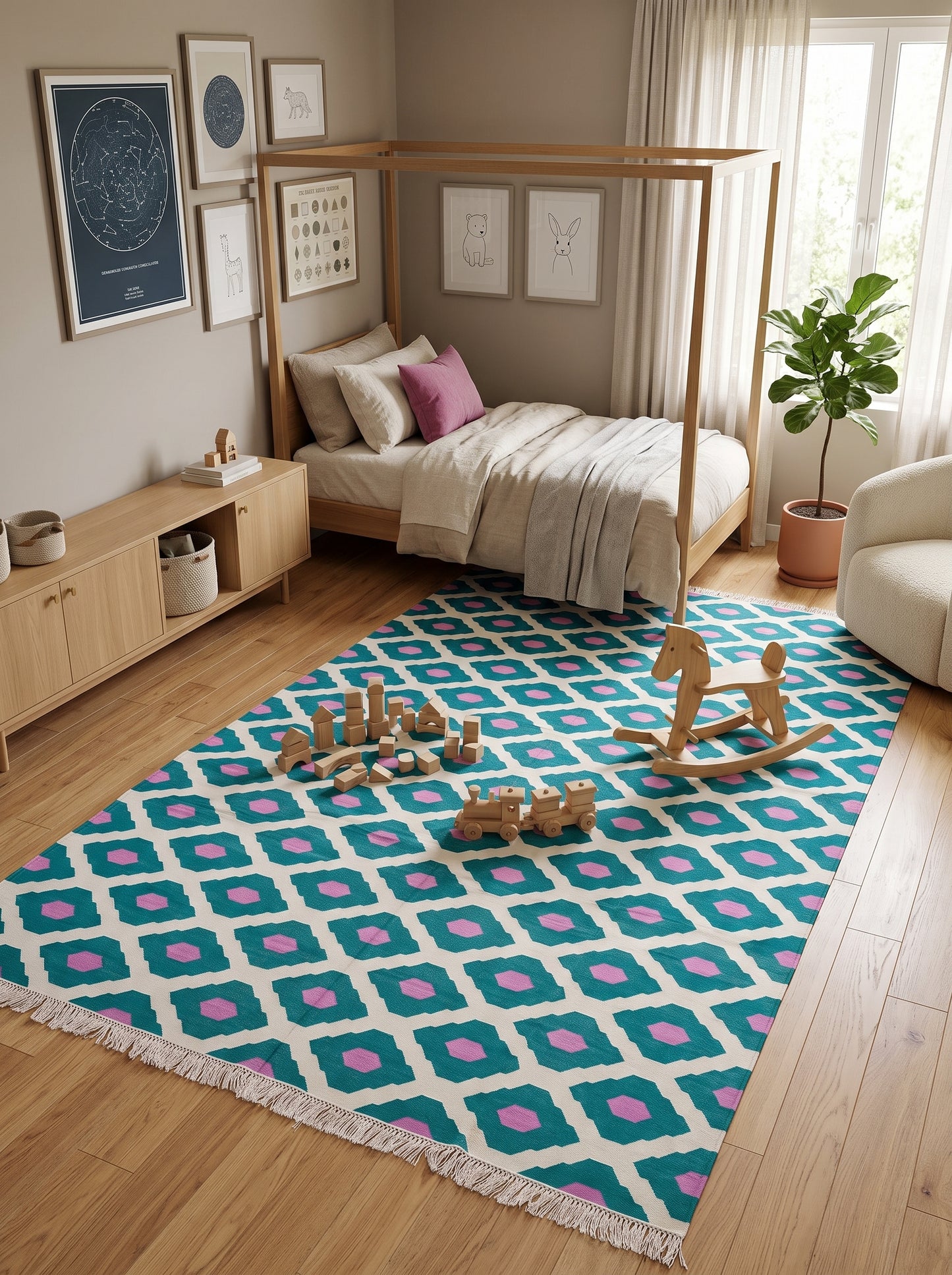 Teal Magenta Geometric Diamond Cotton Flatweave Rug