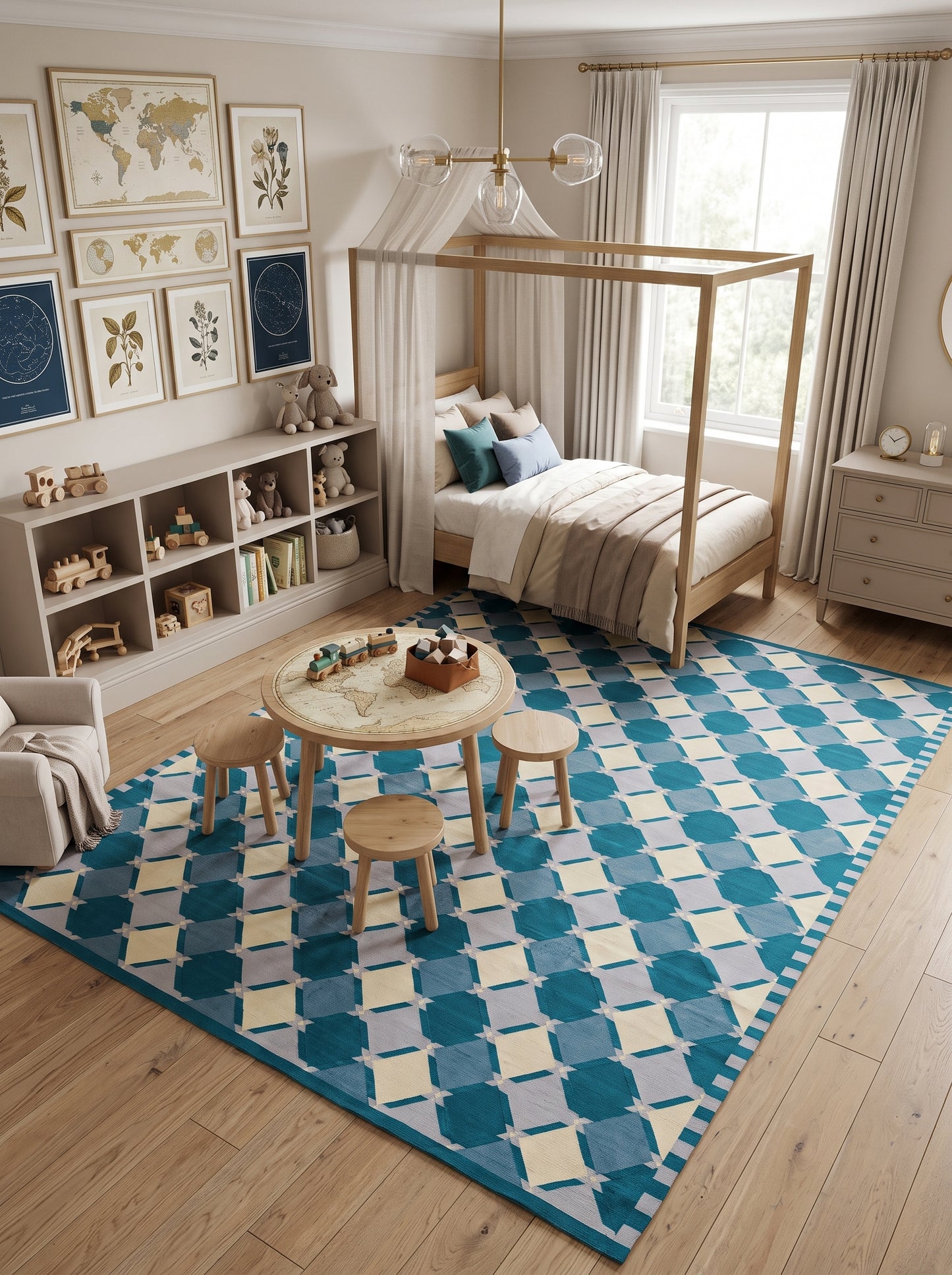 Geometric Diamond Lattice in Teal, Blue & Ivory Rug