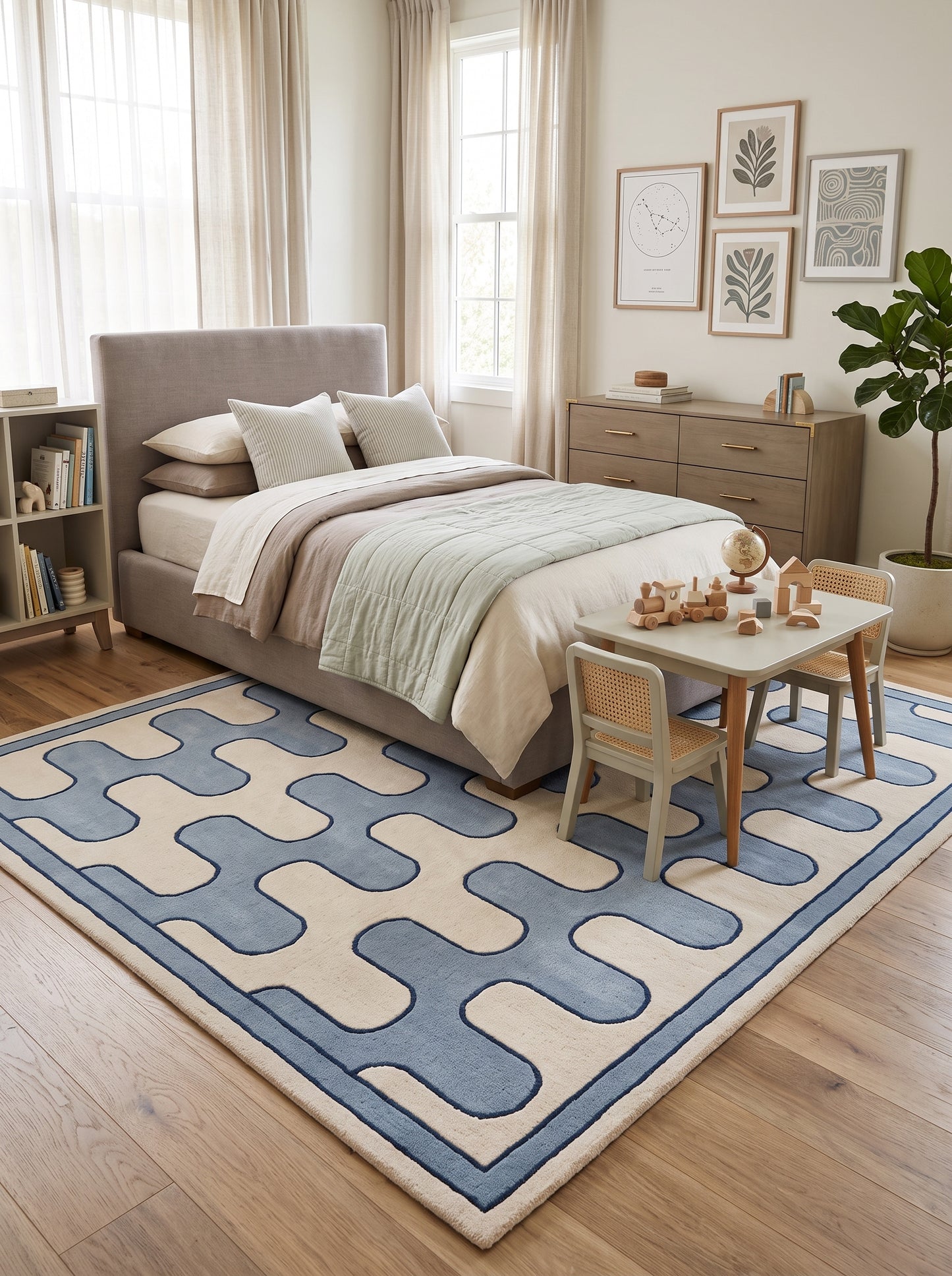 Blue Ivory Wave Wool Tufted Rug