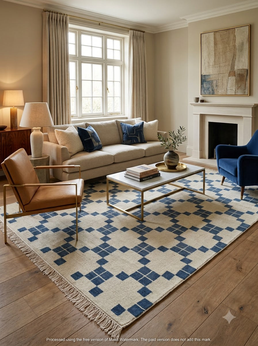 Hand-Knotted Wool Oushak Carpet, Blue And White Geometric Area Rug